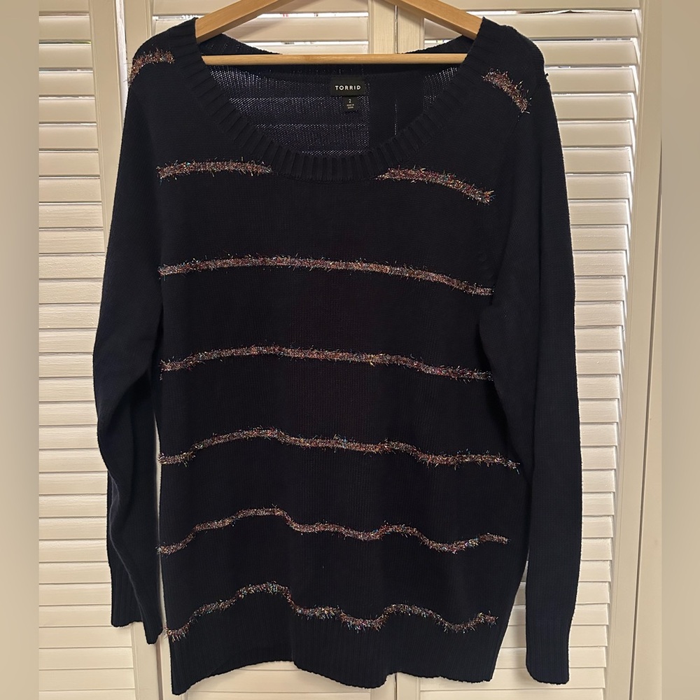 Torrid Navy Christmas Sweater with Tinsel Accents